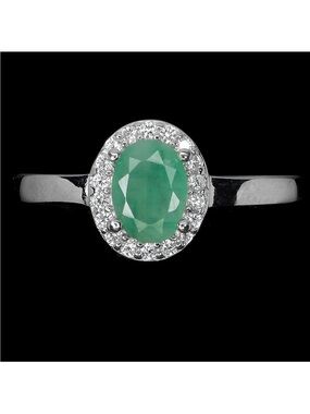 Stunning Genuine Emerald 7x5mm w/ zircon Halo 925 Sterling Silver Ring Sz 8.5